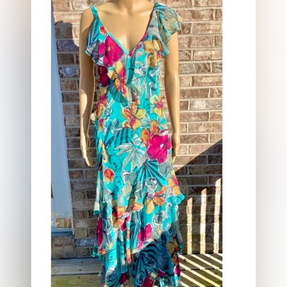 Y2K Turquoise Beaded Tropical Floral Ruffle Prom Dress Gown - Picture 2 of 7